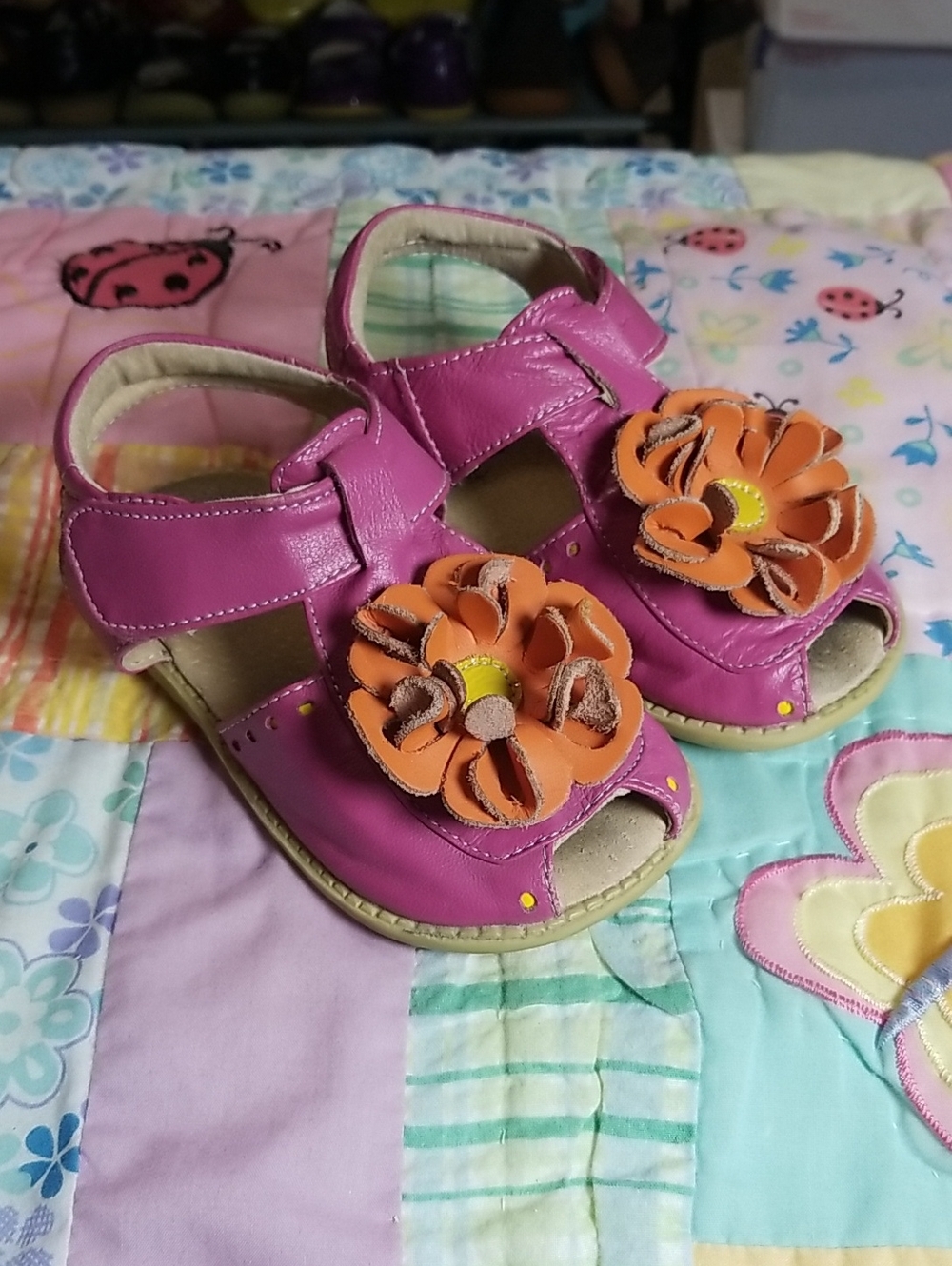 Livie & Luca Pink Leather Peep Toe Sandals with Orange Flower Detail Size 9